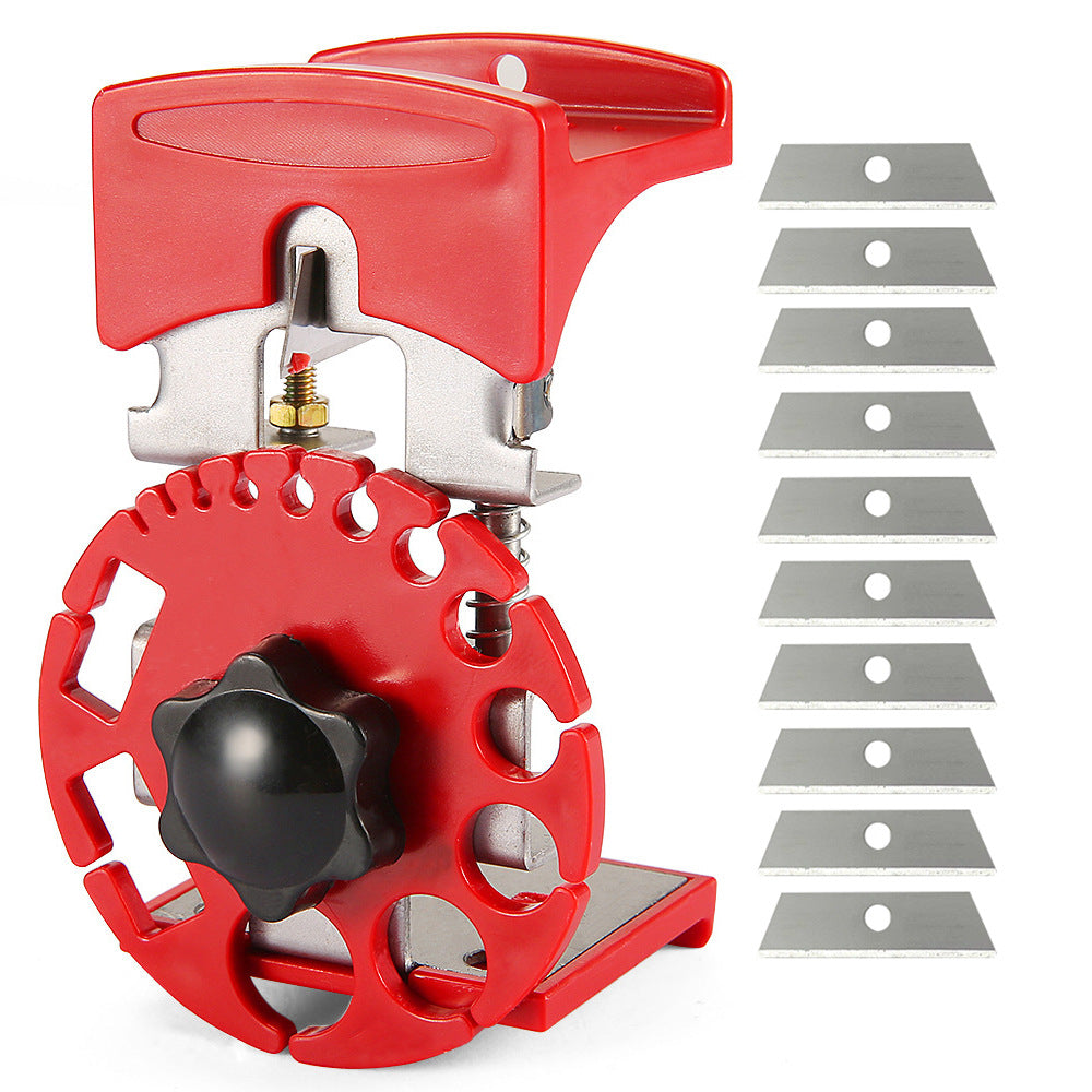 Red manual Universal Wire Stripper with multiple blades on a white background