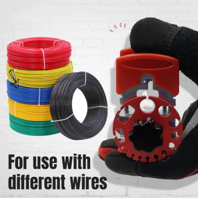 Red wire stripping tool with colorful wires on a white background