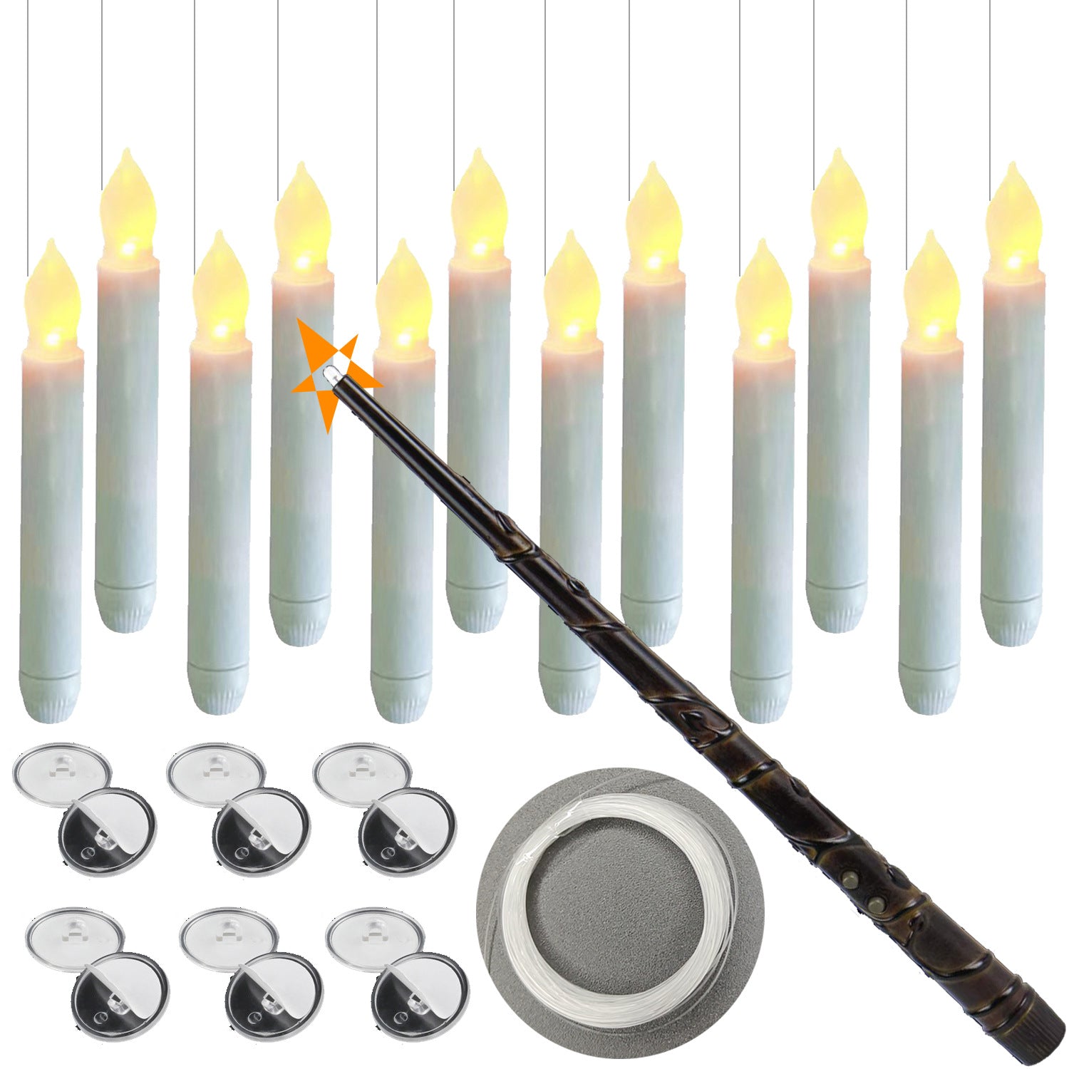 Set of LED candles with a decorative wand and additional candle parts on a white background