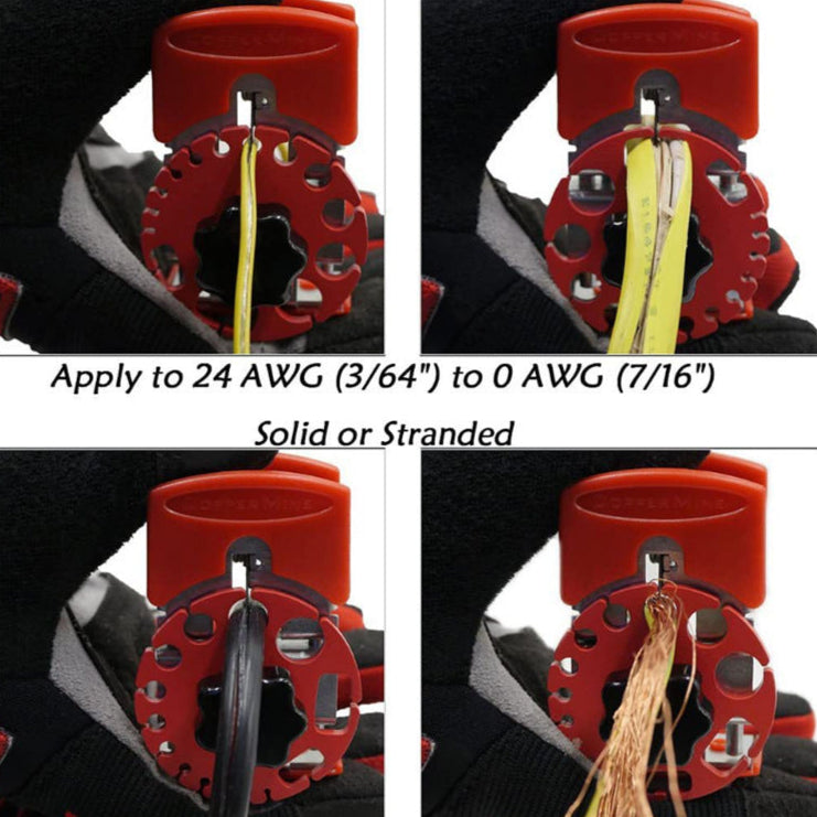 Red wire stripper tool with text indicating wire gauge compatibility.