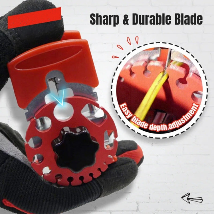 A red universal wire stripper held by a gloved hand with the text 'Sharp & Durable Blade' and 'Easy Blade Depth Adjustment.'