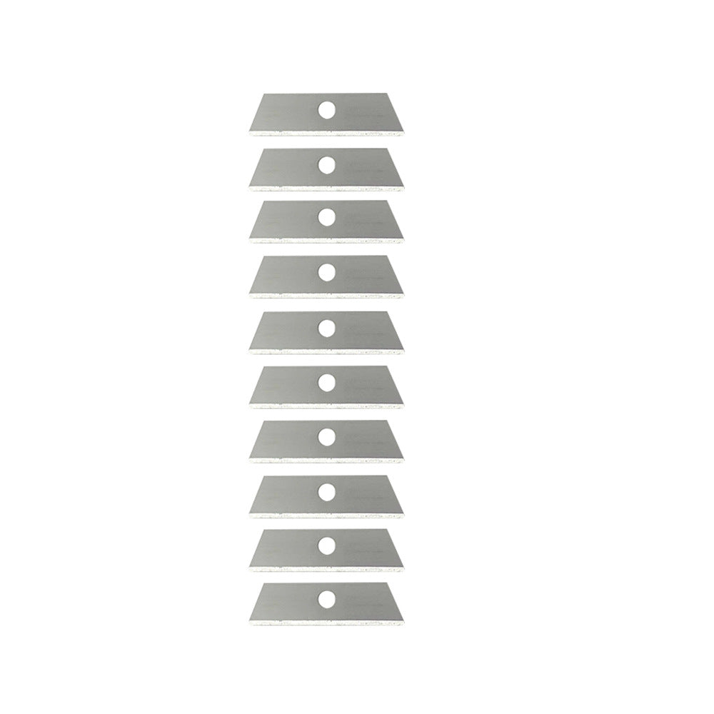Set of ten metal blades stacked vertically on a white background