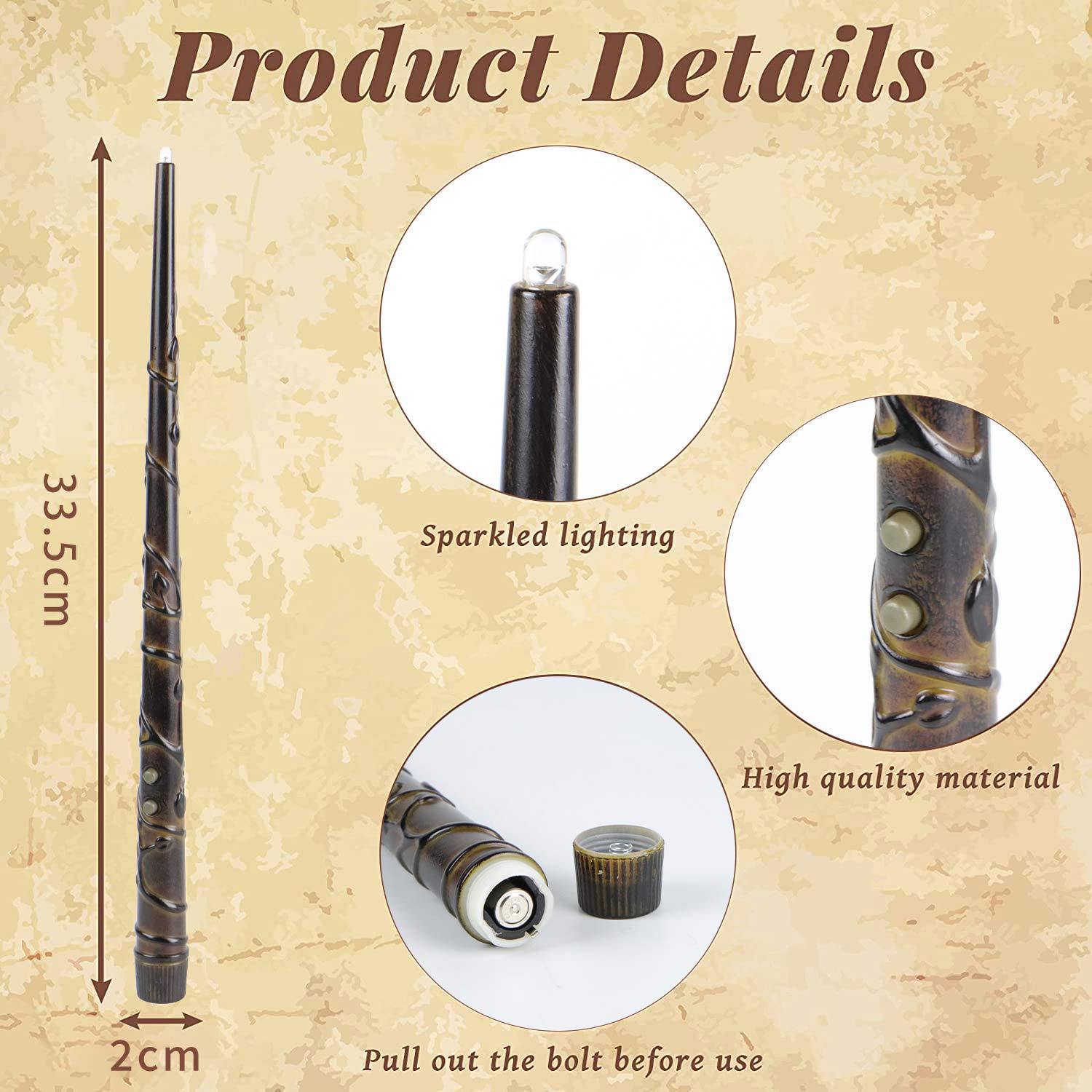 Product details of a decorative candle with measurements and features on a textured background