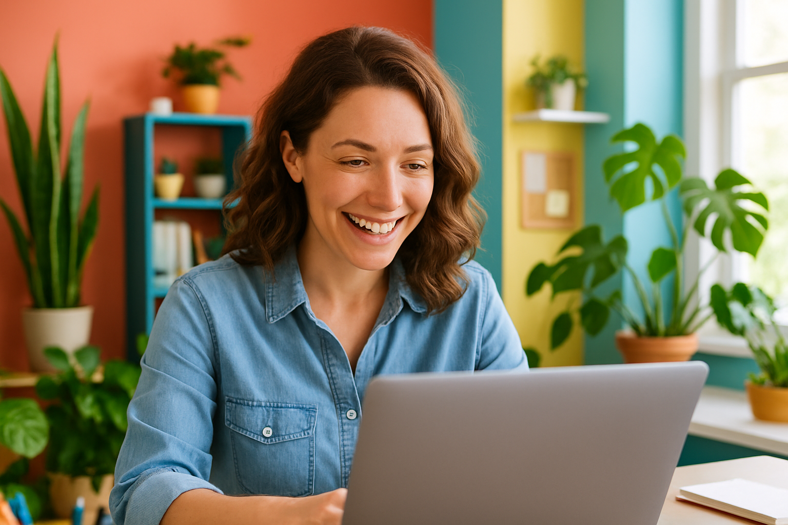 create a hyper-realistic happy woman looking at the gray laptop with a vibrant home office background with plants accent