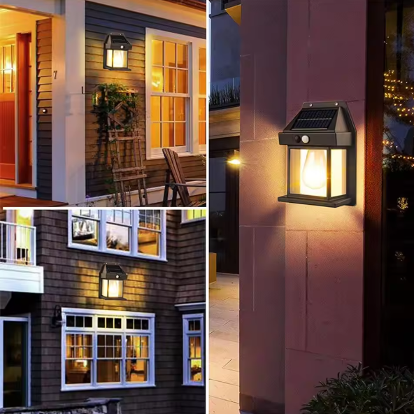 Solar-powered outdoor wall light fixtures on a house exterior