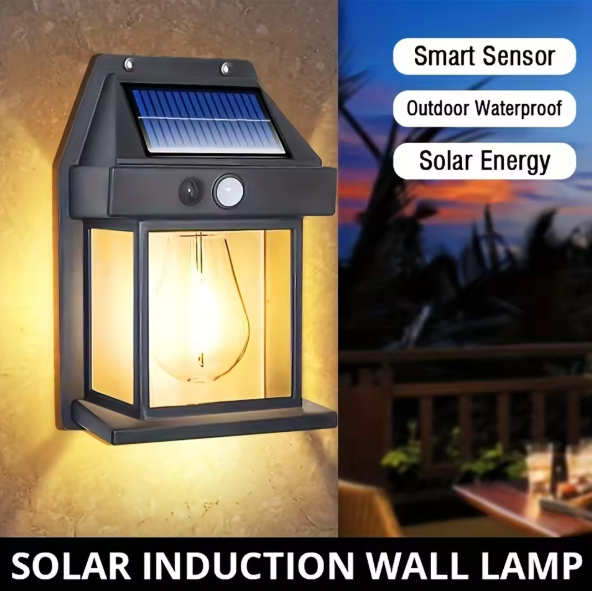 Solar induction wall lamp with outdoor setting and features highlighted