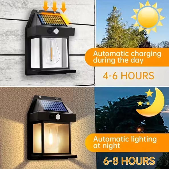Solar wall light with charging and lighting duration text on a wooden background